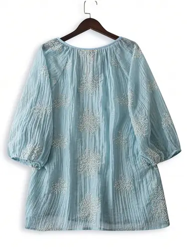 Imagen 2 del producto 【Tamaño grande】 Blusa con cuello y lazo bordado, Top informal bohemio con mangas de obispo para uso diario de vacaciones, ropa de mujer más para A