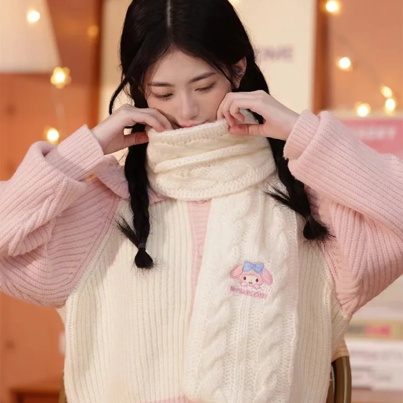 Sanrio Melody Kuromi Cartoon Knitted Scarf Cute Autumn Winter Warm Scarves Y2k Fashion Windproof Accessories Girl Birthday Gifts