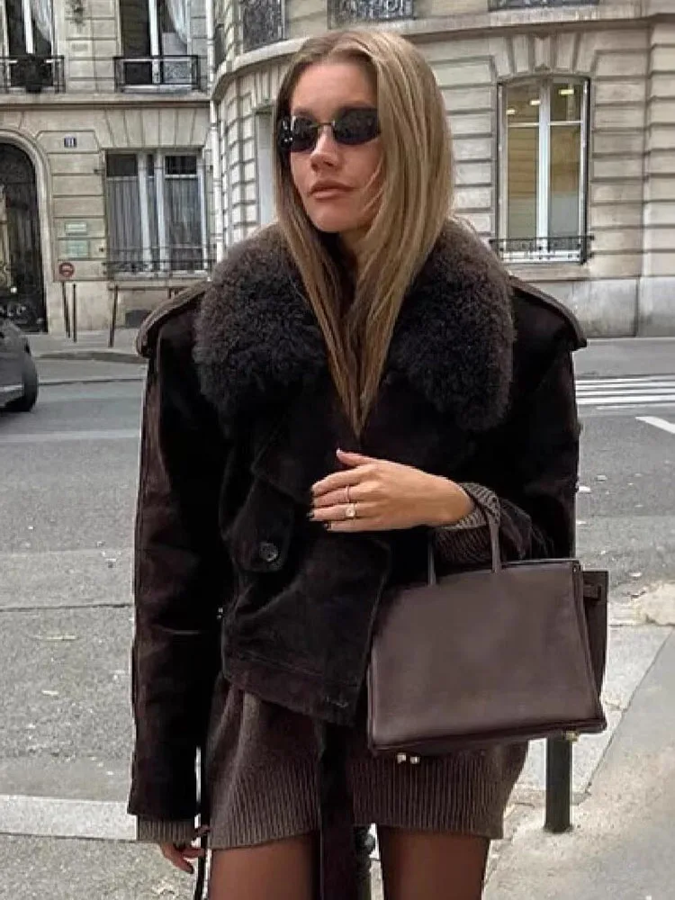 

HH Women Fashion Artificial Fur Effect Lapel Long Sleeves Asymmetrical Lace Decoration Casual Short Coat Woman Street Style Coat