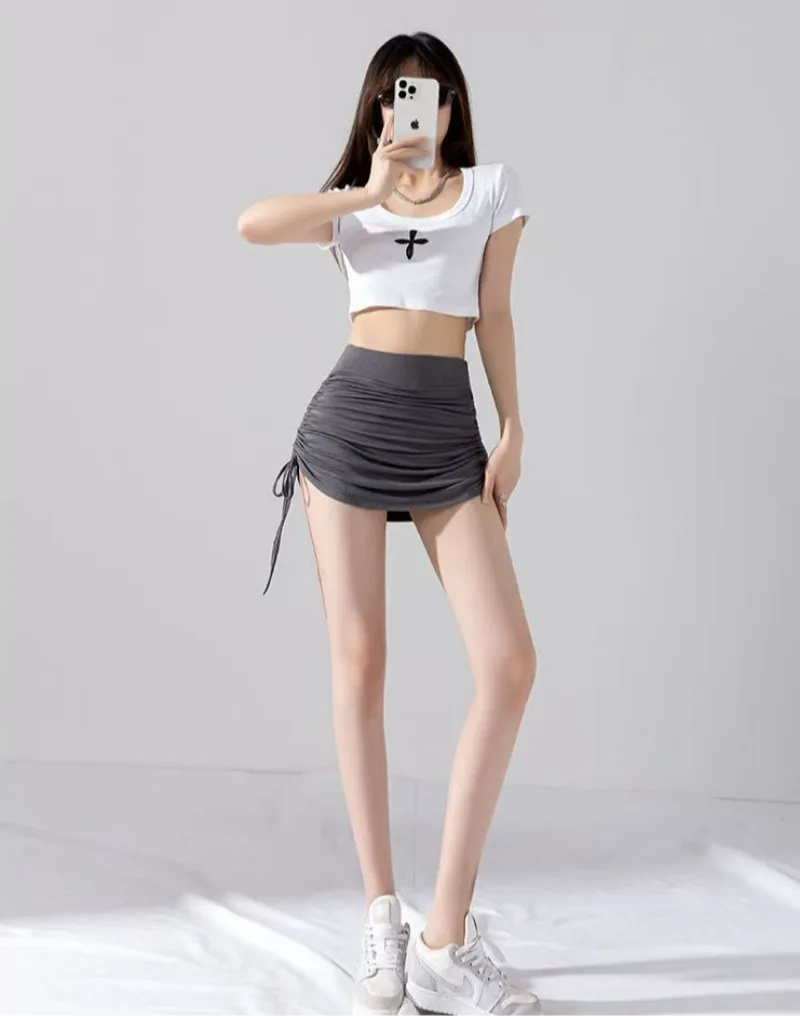 Women Sexy High Waist Bag Hip Slim Skirt Summer Female Fashion Pleated 2023 New Soild Color Drawstring Short Streetwear Skirts