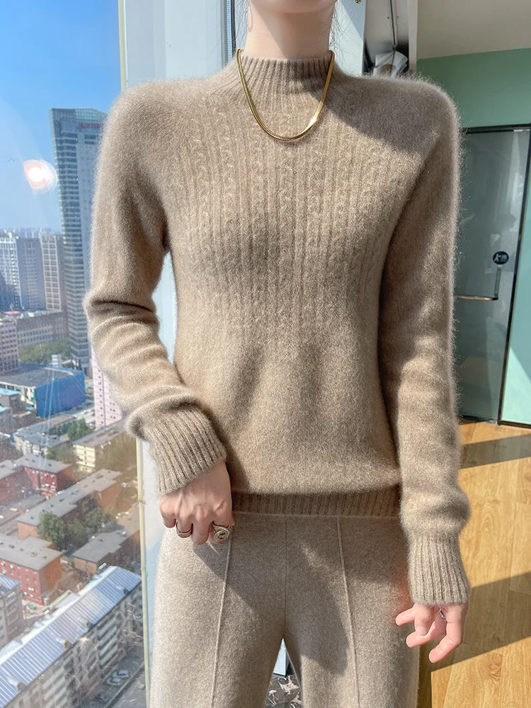 Classic 100% Merino Wool Sweater Autumn Winter Women Half High Collar Twisted Knitted Pullover Casual Basics Slim Cashmere Top