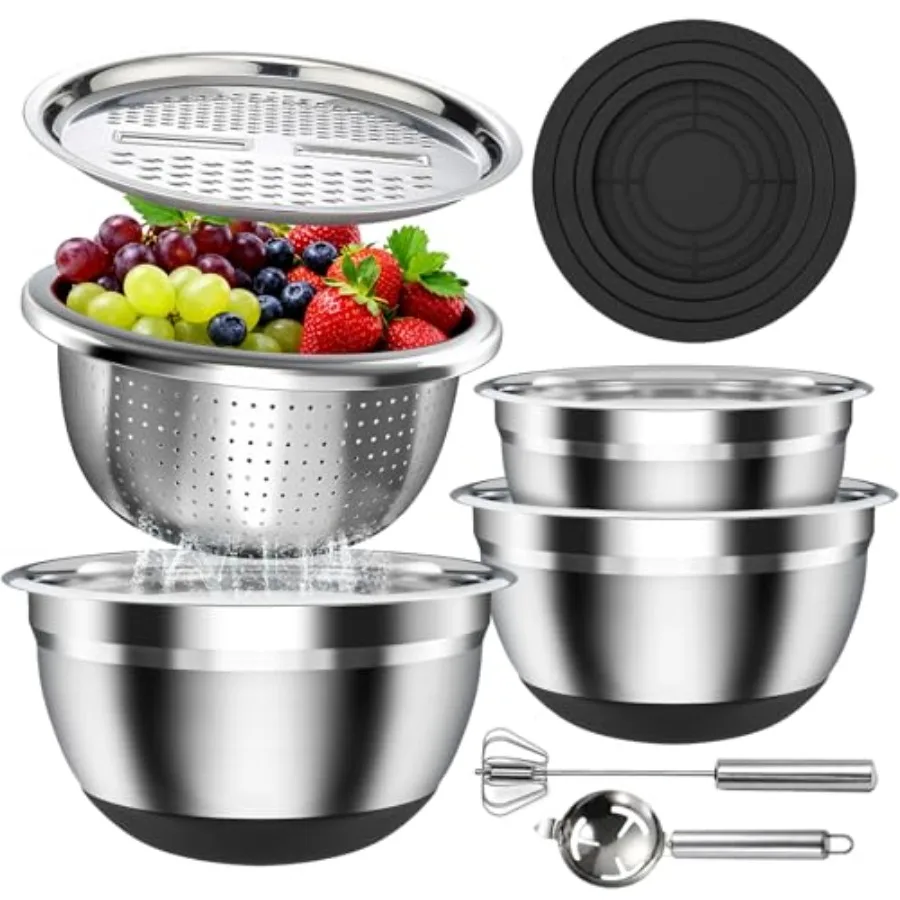 

Stainless Steel Mixing Bowls Set with Lids and Silicone Base - 7-Piece Kitchen Gadgets Includes Colander, Grater, Egg Separator