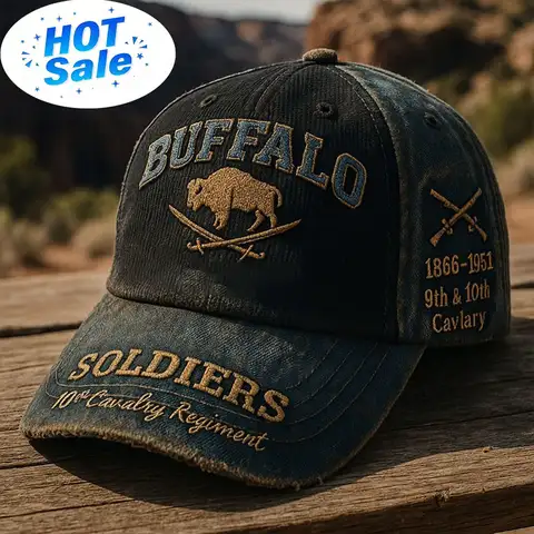 Vintage Distressed Dark Blue Baseball Cap with Buffalo 1866-1951 9th & 10th Cavalry Embroidery, Military Heritage Soldier Hat