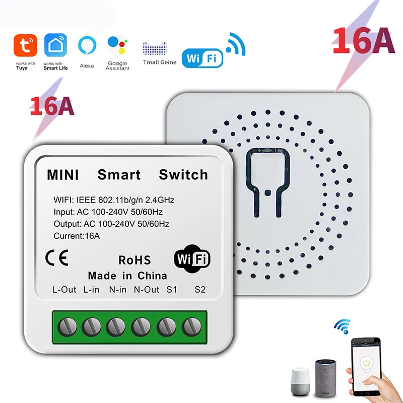 Mini 16A WiFi Switch Smart Life App 2 Way Control Smart Home Automation Module Interruptor Work for Alexa Google Home