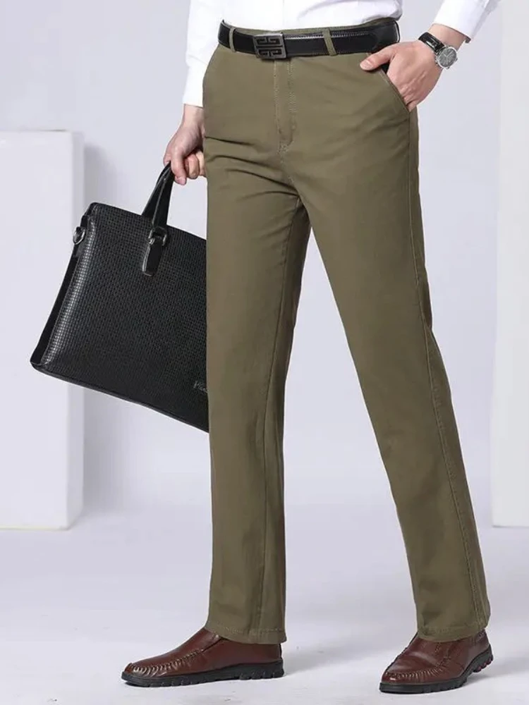 Mens 100% Cotton Summer Thin Pants Autumn Suit Pant Slacks High Waist Straight Loose Bland Solid Business Casual Pants Gozbkf view 4