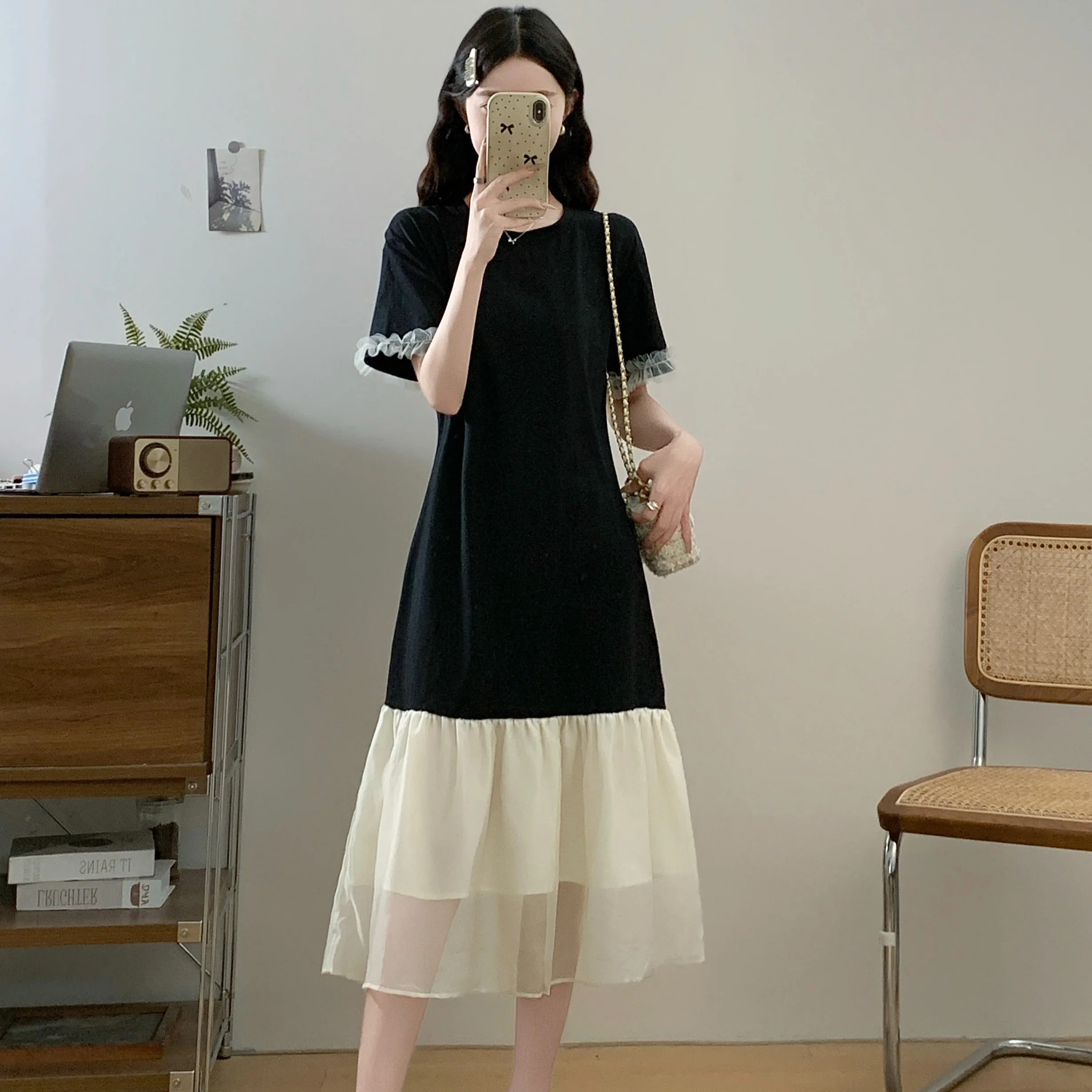 Grande taille lâche Dres femmes 2025 été nouveau Sle Midi a-ligne t-shirts jupe avec coréen Sle taille ample ort Sve Sli...