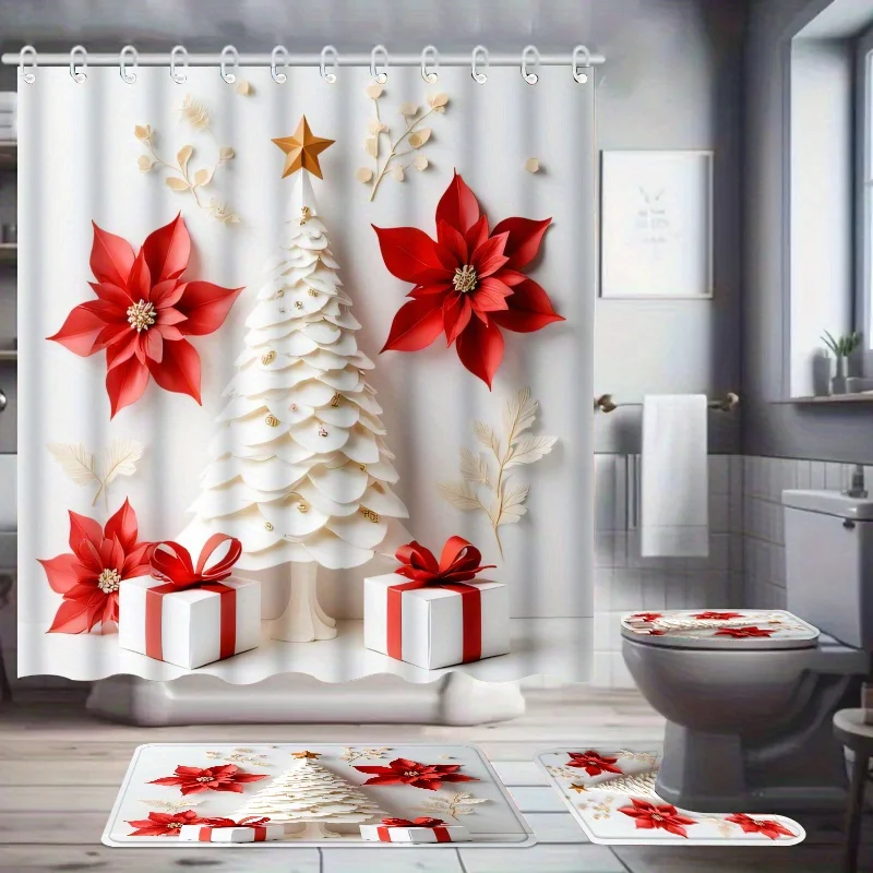 4pcs Christmas Shower Curtain Set 2D Flat Style Festive Decor for Bathroom, Machine Washable Polyester with 12 Hooks