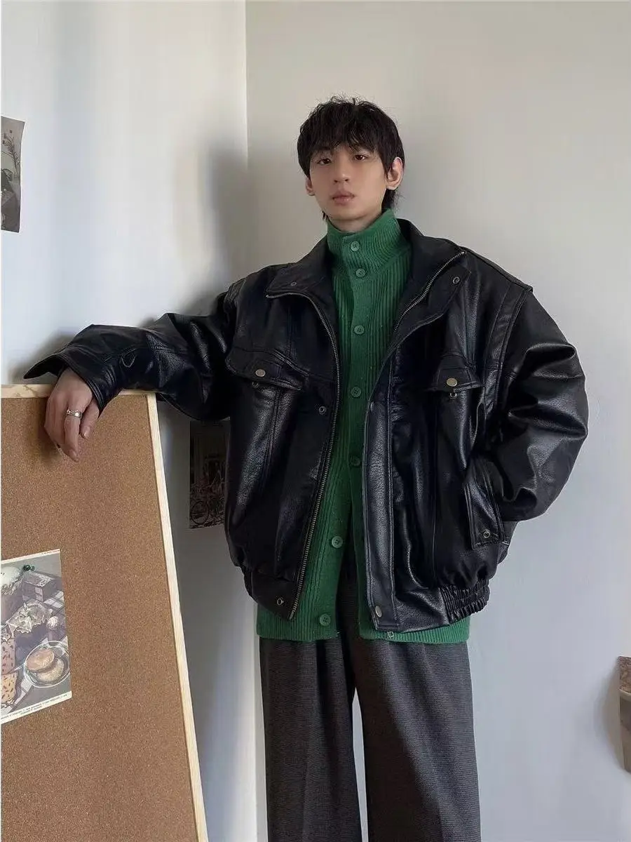 

Retro American Biker Leather Jaet Men's Women's Autumn Winter Loose Pilot Cotton Fill Leather Jaet Trendy Zipper Decorated