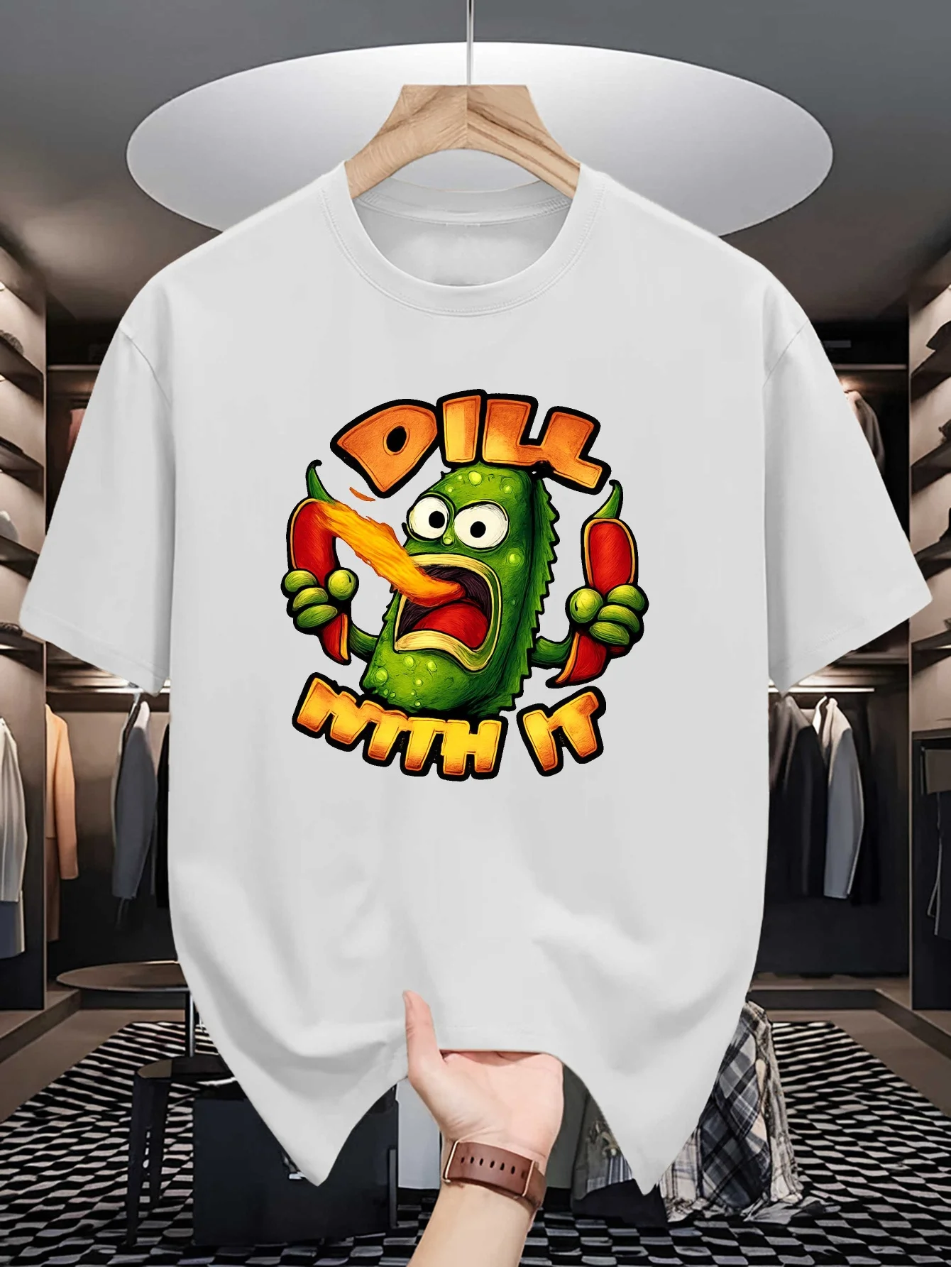 Spicy Pickle Cartoon Graphic Mens Crew Neck T Shirt Dill With It Funny Pun Slogan Print Short Sleeve Casual Cotton Daily Tops