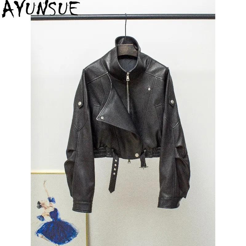 AYUNSUE Real Leather Jackets for Woman Short Motorcycle Black Jacket Woman Fashion Loose Long Sleeve Tops Woman Clothes Jaqueta