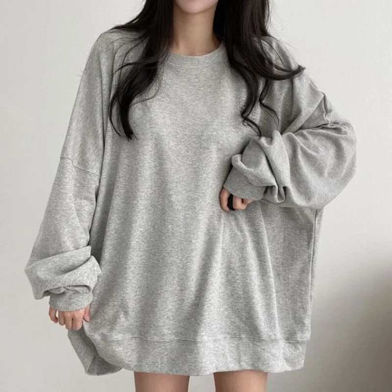 

Solid Color Oversized Sweatshirt Women Autumn Round Neck Drop Shoulder Loose Pullover Woman All Match Long Sleeve Casual Hoodies