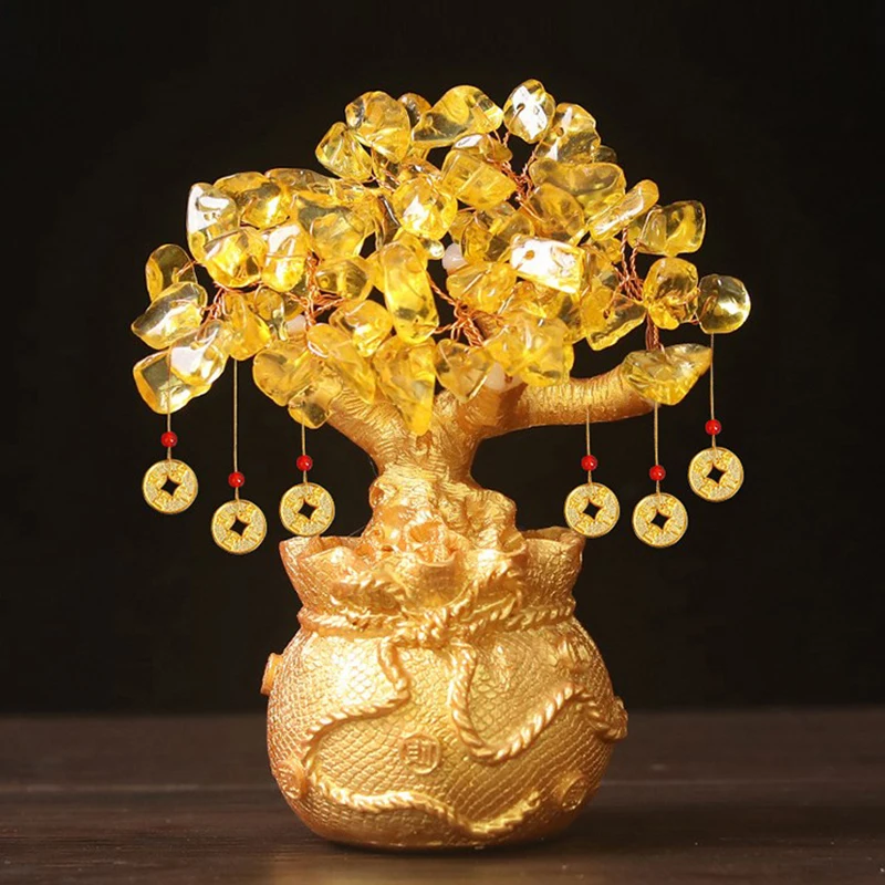 Lucky Tree Wealth Yellow Crystal Tree Natural Money Tree Ornaments Bonsai Style Wealth Luck Feng Shui Ornaments Craft