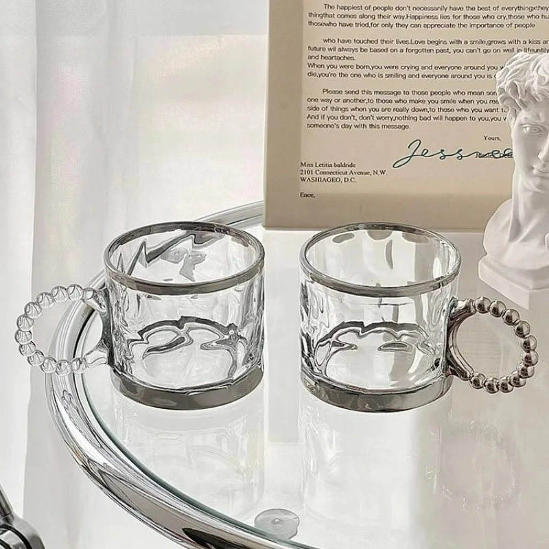 Personalized Silver Beaded Mug Large Ears Silver Mugs Iced American Latte Coffee Glasses Cups High-end Glass Water Cup Home Tool