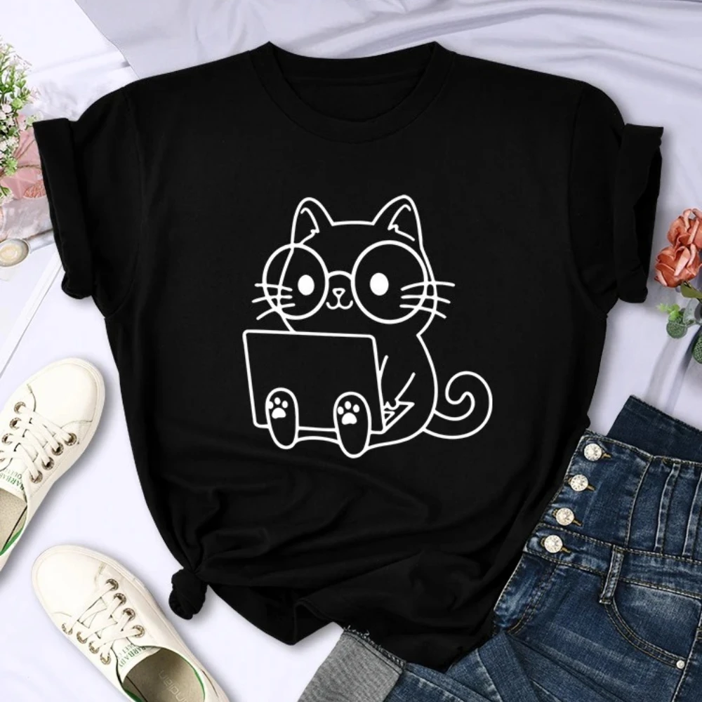 Careful Study of Work Cat Sketches Women Tee Personality Trend Casual Clothing Street Creative Female Short Sleeve Crew Neck Tee