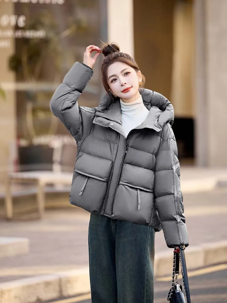 Bolsos quentes jaqueta com capuz feminino 2025 inverno retalhos curto puffer casaco oversize cor sólida outerwear inkeo dj531