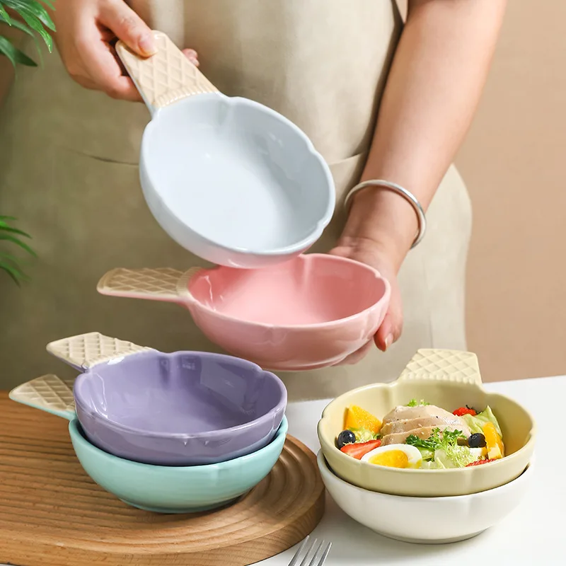 

Ceramic Handle Bowl Ins Nordic Color Glaze Handle Fruit Salad Bowl High Color Value Embossed Soup Noodle Baked Rice Bowl