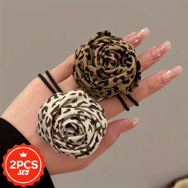 

2Pcs/set New Temperament Print Rose Flower Headband, With A High-end Feel Low Ponytail Tie, Hair Tie Rubber Band,Hair Elastic