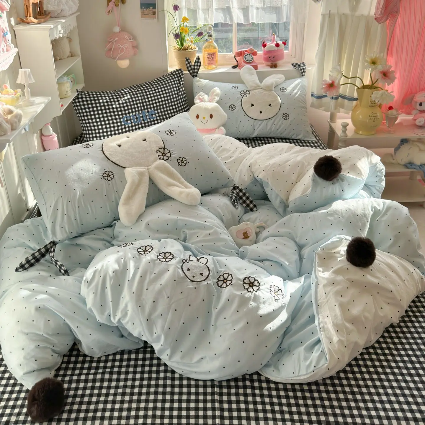 Appliqué Mimi Miffy Washed Cotton Bedding Four Piece Set Girl Cartoon Quilt Cover Bed Sheets Dormitory Three Piece Set Cartoon