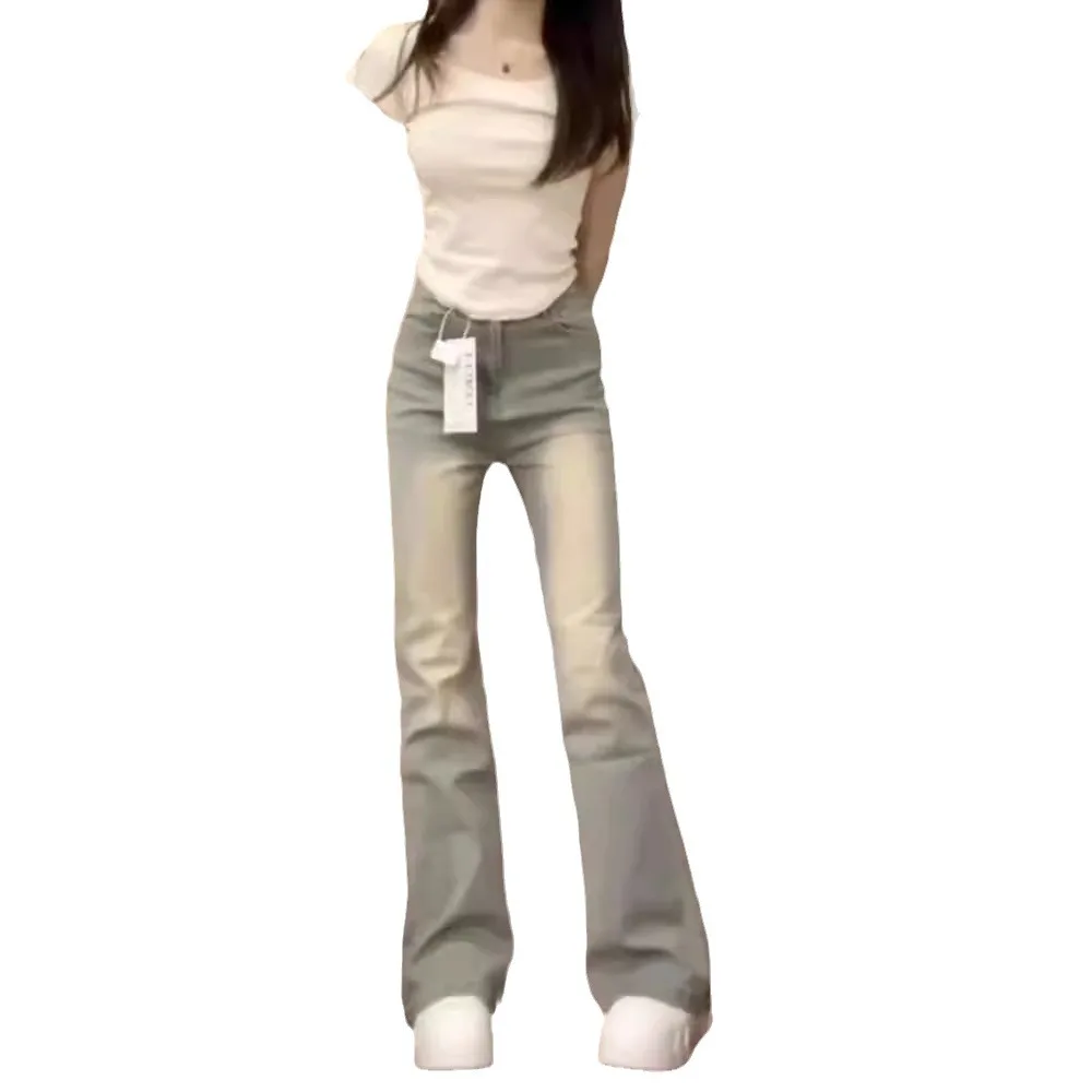 جينز نسائي كوري عالي الخصر متوهج سروال نسائي عالي الشارع Y2k 2000s بنطلون جرس سفلي من قماش الدنيم الأصفر #5