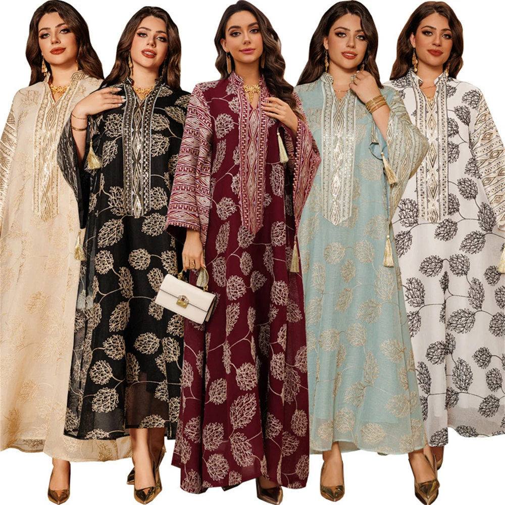 

Abaya for Islamic Ladies Intricate Gold Embroidery and Tassel Accents Perfect for Festivities in Middle East