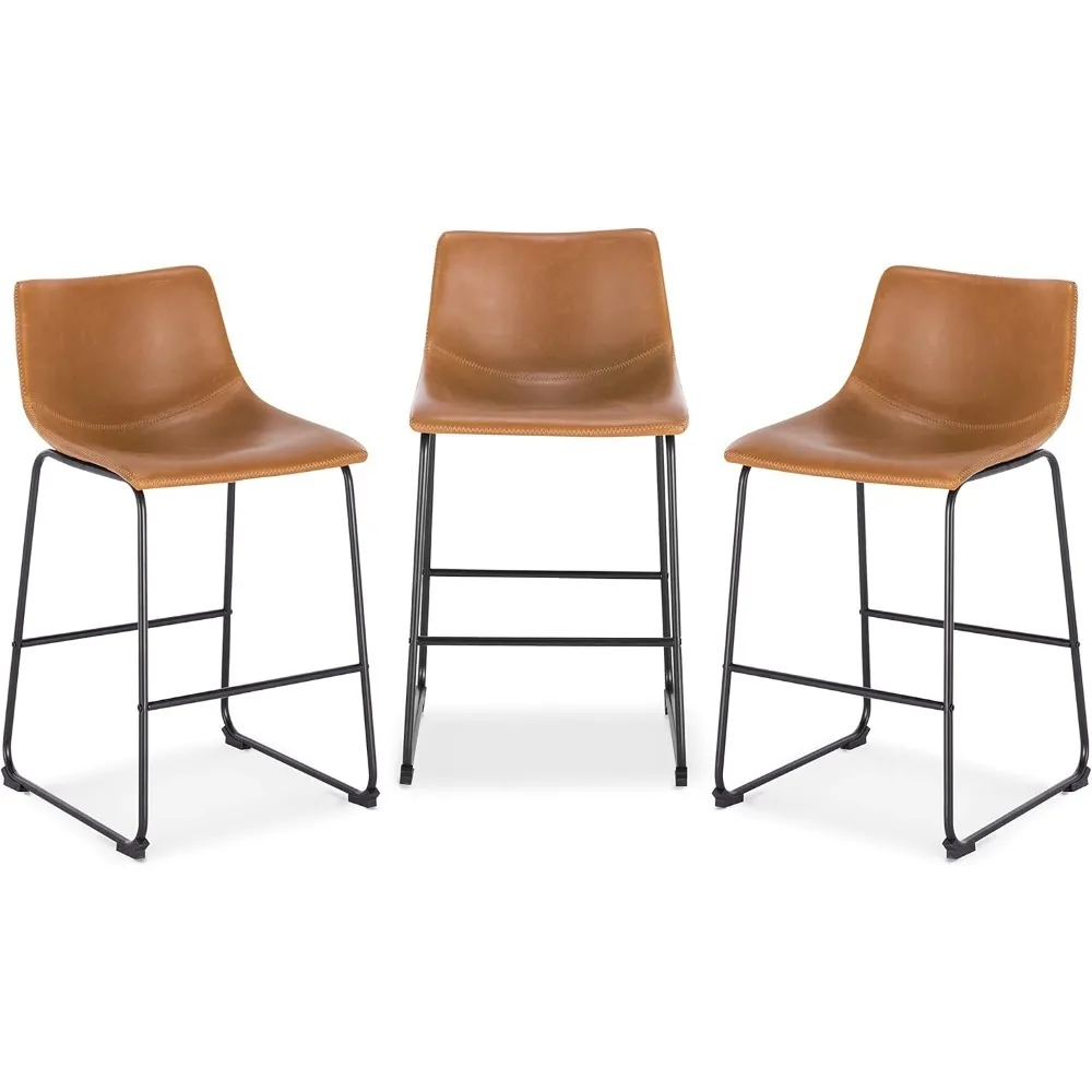 

Bar Stools Set Of 3 – 34" Counter Height Chairs With Back, Tan Pu Leather Seats With Metal Legs, Modern Industrial S