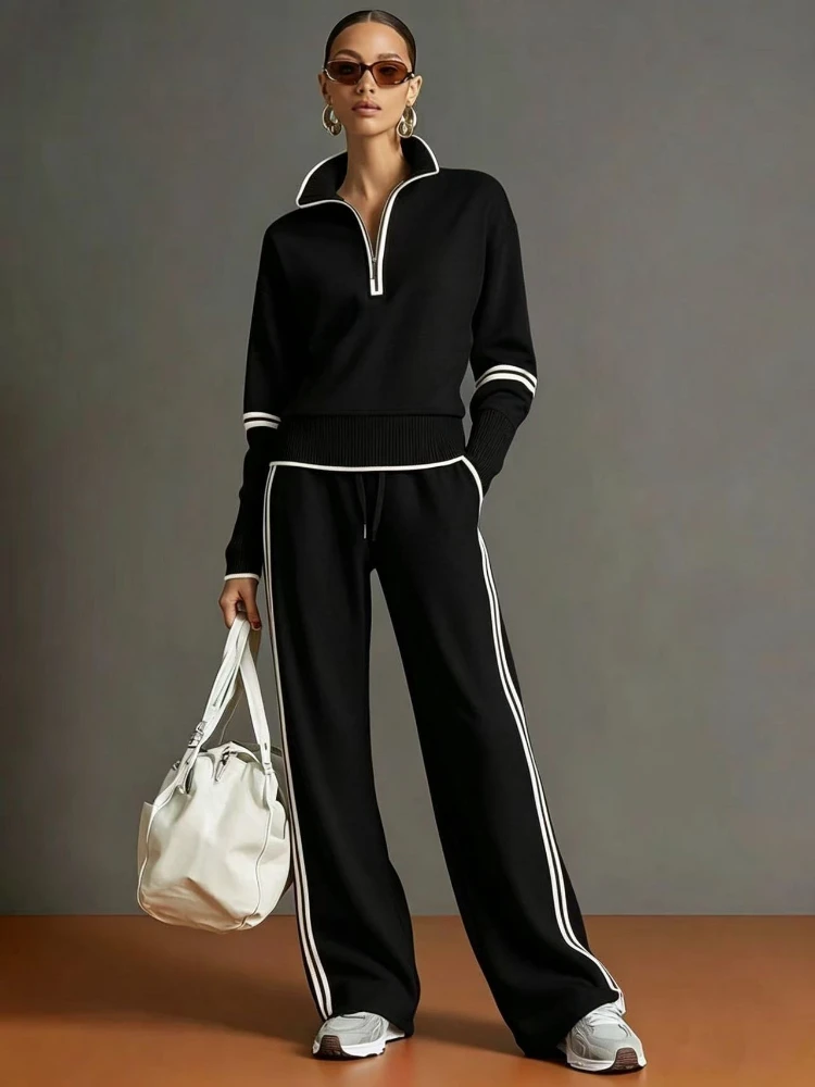 Elegant Solid Color Contrast Trousers Long-Sleeved Sportswear Set for  European And American Style Sweatshirts Conjuntos 2026