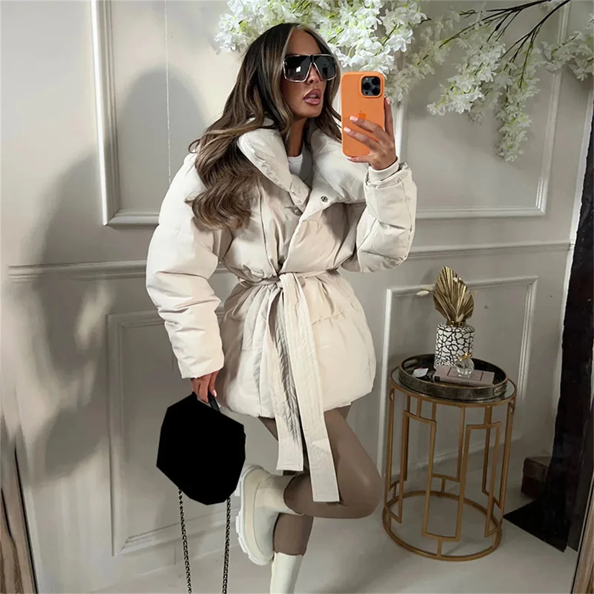 Winter Thick Stand Collar Parkas Women Fashion Tie Waist Short Coats Elegant New Solid Puffer Jackets Female Ladies Streetwear