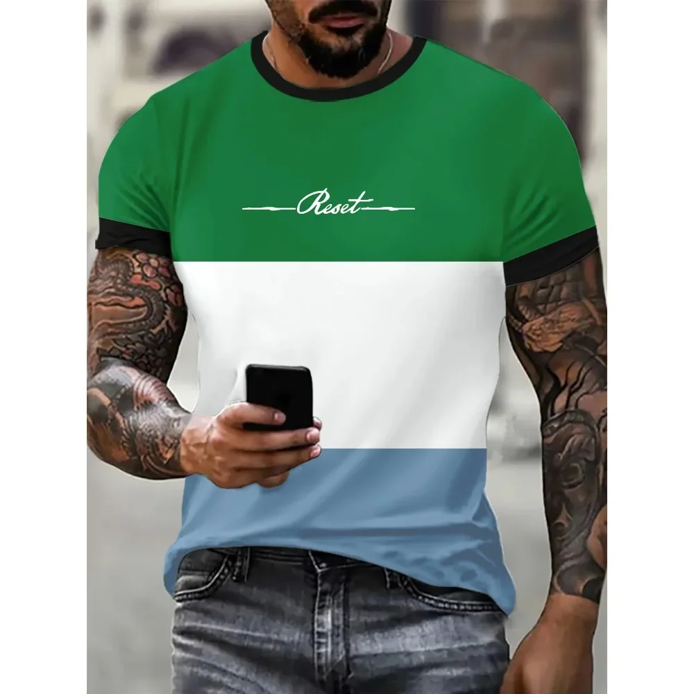 Men's Crew Neck Jumper, 3D Full Body, Digital Print, 3-color Patchwork, Letter Reset Pattern, Oversized T-shirt, 2024