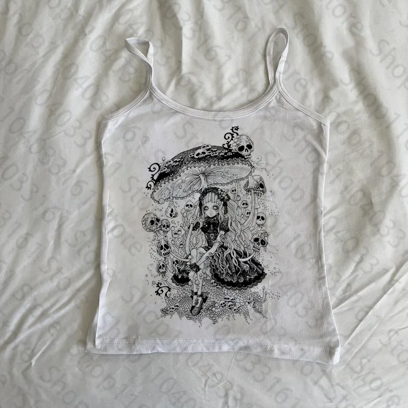 

Y2k Стиль Harajuku 90-х годов Уличная одежда с графическим принтом без рукавов Повседневные ребристые женские укороченные топы в стиле гранж Модный жилет Топы на бретелях Emo Grils