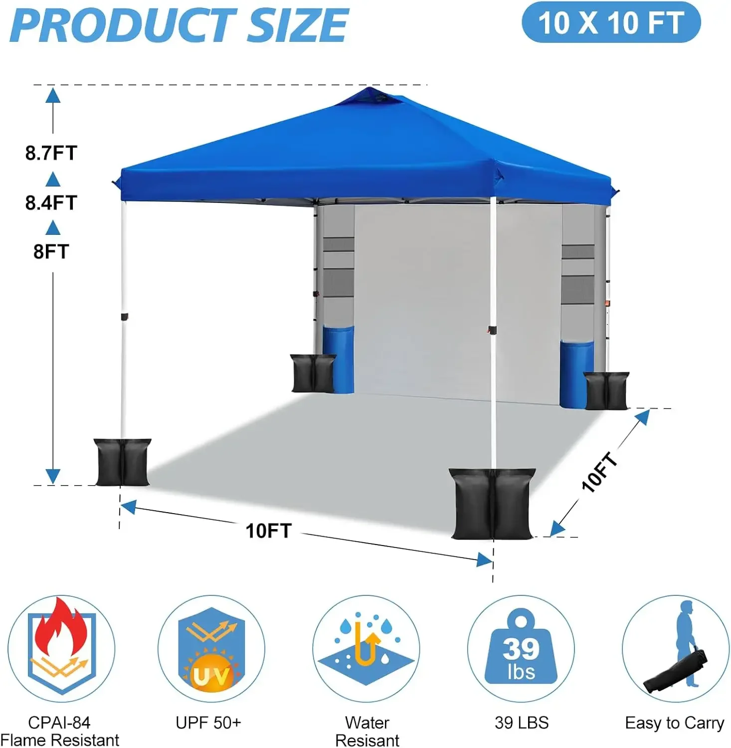 Barraca pop up dossel 10x10, configuração push-up de um botão, barraca pop up com 1 parede lateral e 6 bolsos, altura ajustável portátil instantâneo
