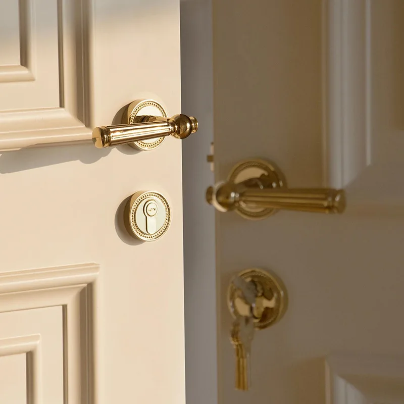 Solid Brass French Door Lock, Mid Century Silent Bedroom Wooden Door Handle for Interior Door