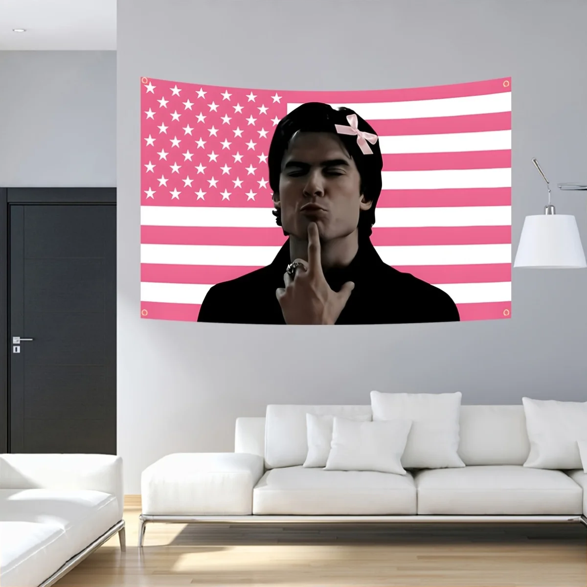 1pc Damon Salvatore Pink American Flag Tapestry, Vampire Diaries Fan Wall Hanging, Cool Room Stuff, Large Size, Polyester 2D Pri