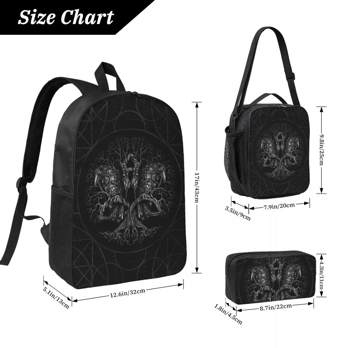 Tree Of Life Yggdrasil With Raven Backpack BookBag School Bag Computer Shoulder Bags 3ps Insulated Lunch Bag Pencil Case