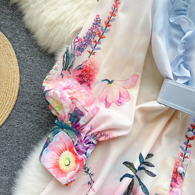 Bohemian Flower Print Women Dress 2023 Spring Summer Loose O Neck Puff Sleeve High Waist A Line Mini Dresses Clothes For Women