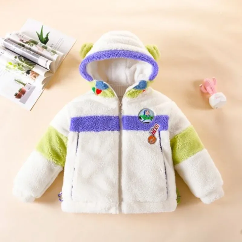 Disney cartoon Buzz Lightyear thickened velvet color-blocked children's cotton padded astronaut warm hooded embroidered jacket