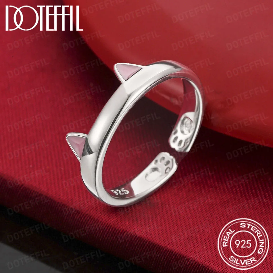 

DOTEFFIL925 Pure Silver Cat Ear Ring with Black/Pink Accents Cute Style Women's Accessory Jewelry