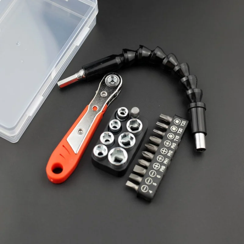 

36 ключей с храповым механизмом с набором бит и торцевых головок, сверло B и крестовая отвертка с торцевой головкой L, гибкий вал, черная сталь