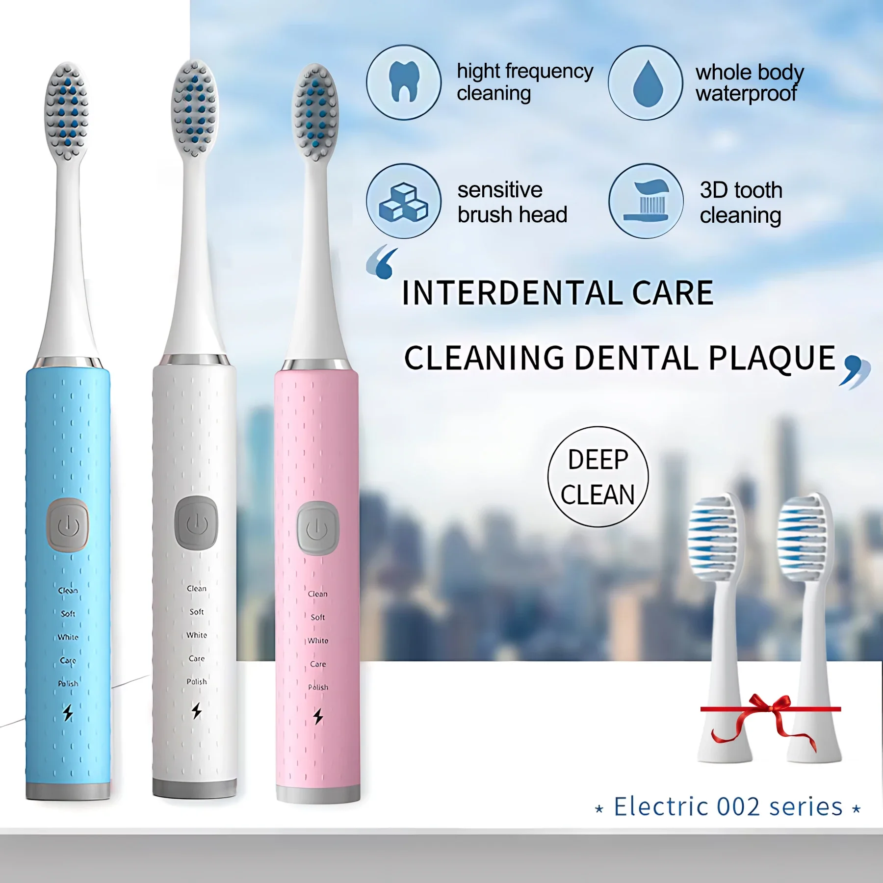 

USB Rechargeable Electric Toothbrush + 2 Brush Heads Sonic 5 Files Household Soft Bristle Waterproof Couples Electric Toothbrush