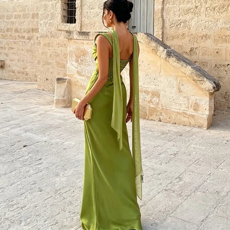 Damen Maxikleid aus Satin mit Schleifenbesatz, ärmellos, mit Fischgrätmuster, Schnürung, gerafftes, figurbetontes, langes Kleid, elegant, für Hochzeitsgäste, Partys, Vestidos, in Pink und Grün – Detail 7