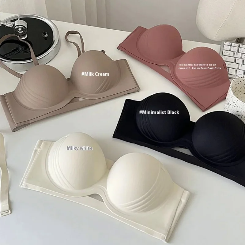 

Half cup nonslip lift strapless underwear female Japanese simple glossy non-marking gathered comfortable non-steel ring bra