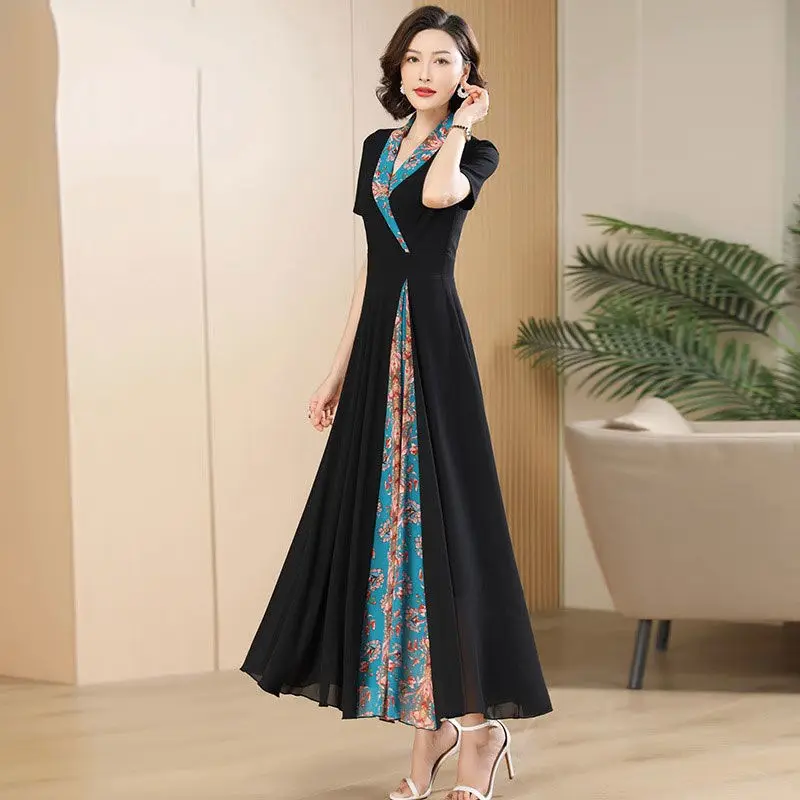 Chinese traditional vintage hanfu dress set women elegant V neck art chiffon dress vintage elegant party wear slim A Line dress