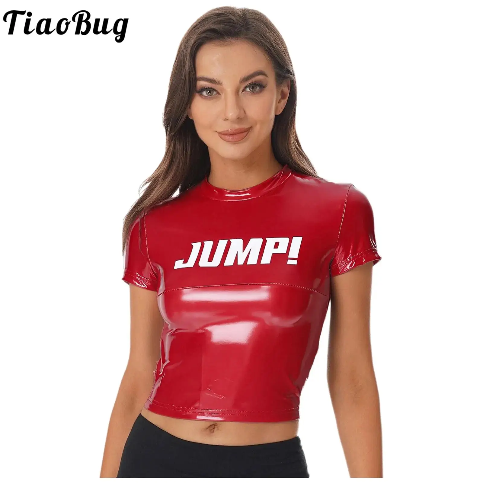 

Women Stylish Glossy Letter Print Crop Top Festival Party Crew Neck Short Sleeve Pullover Slim Cropped Shirt Blouse for Club