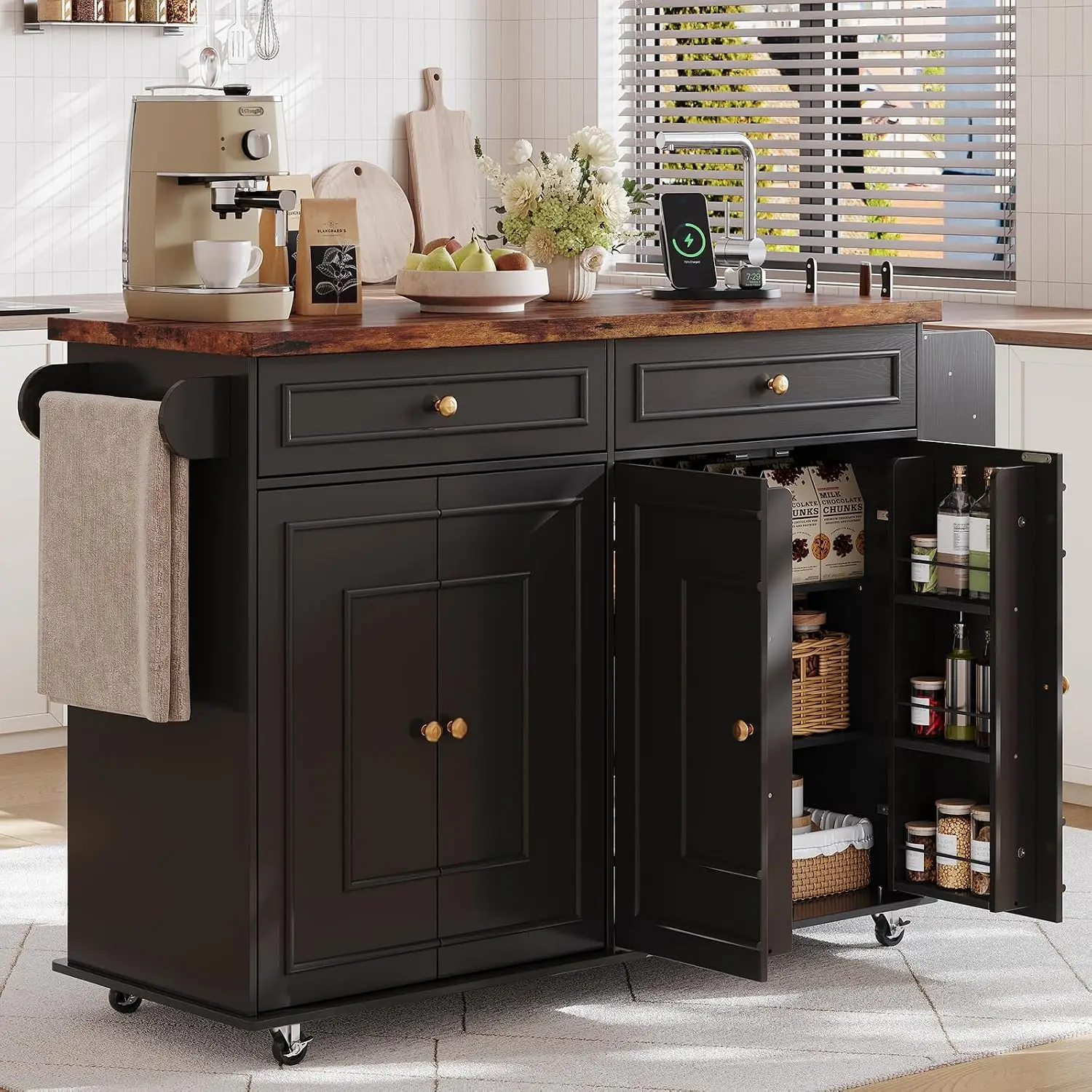58 Inch Kitchen Island with Storage Cabinet, Island Table for Kitchen, Rolling Islands Cart with Power Outlet,, Customized