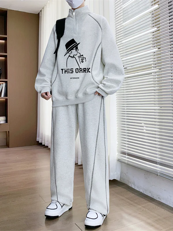 

Повседневный спортивный костюм с худи на молнии для мужчин: модный комплект из двух предметов с длинным рукавом и воротником-стойкой, осенний наряд из смесового хлопка и полиэстера