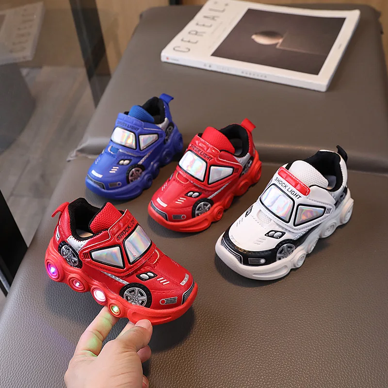 2026 Kids'Casual Shoes Led Light Car Club Cartoon PU Leather Spring Shoes For Children Anti-slip Red Blue Shoes Size 21-30