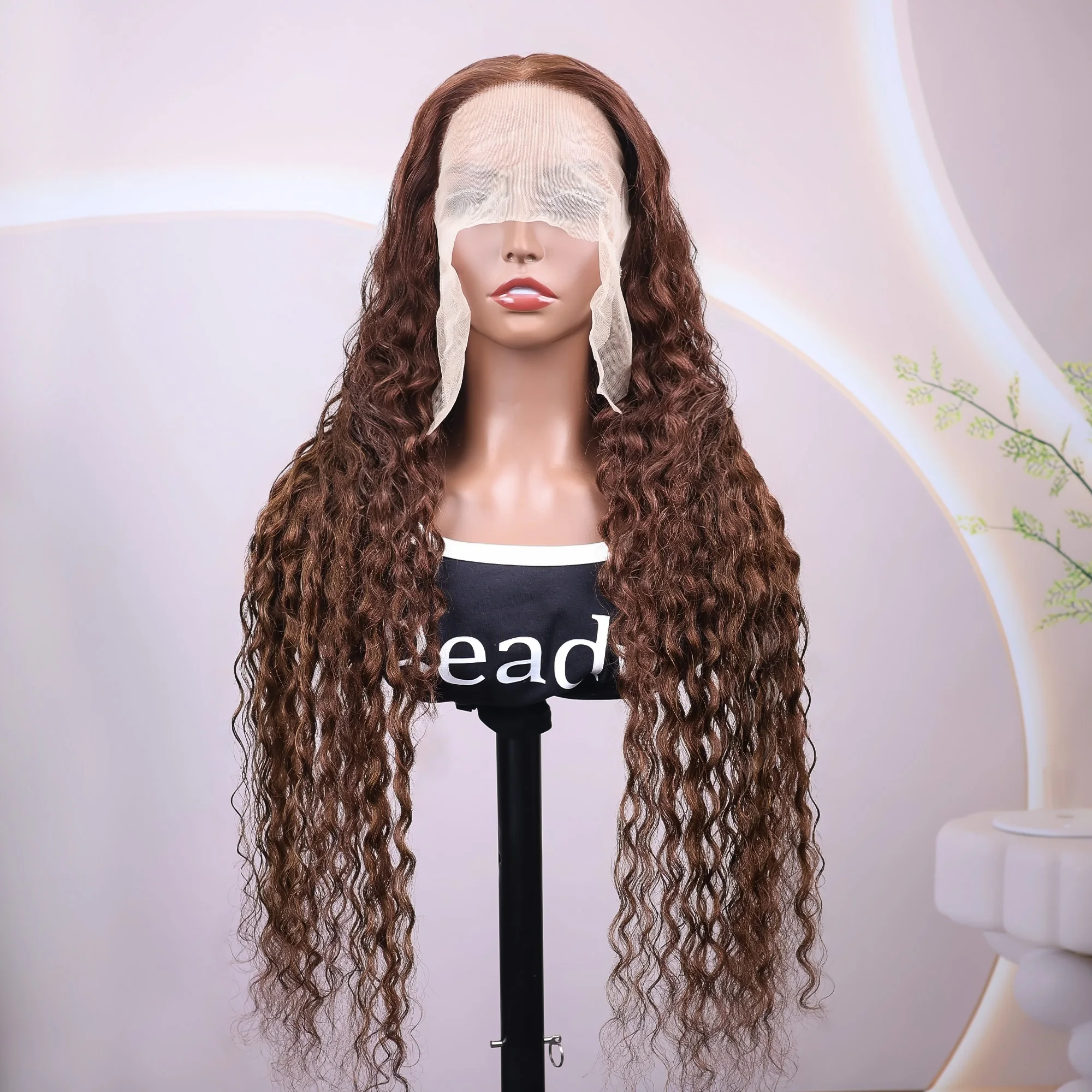 

Deep wave human hair wig, invisible forehead hair net 13x4 inches, 180-degree density, Brazilian human hair, chocolate color