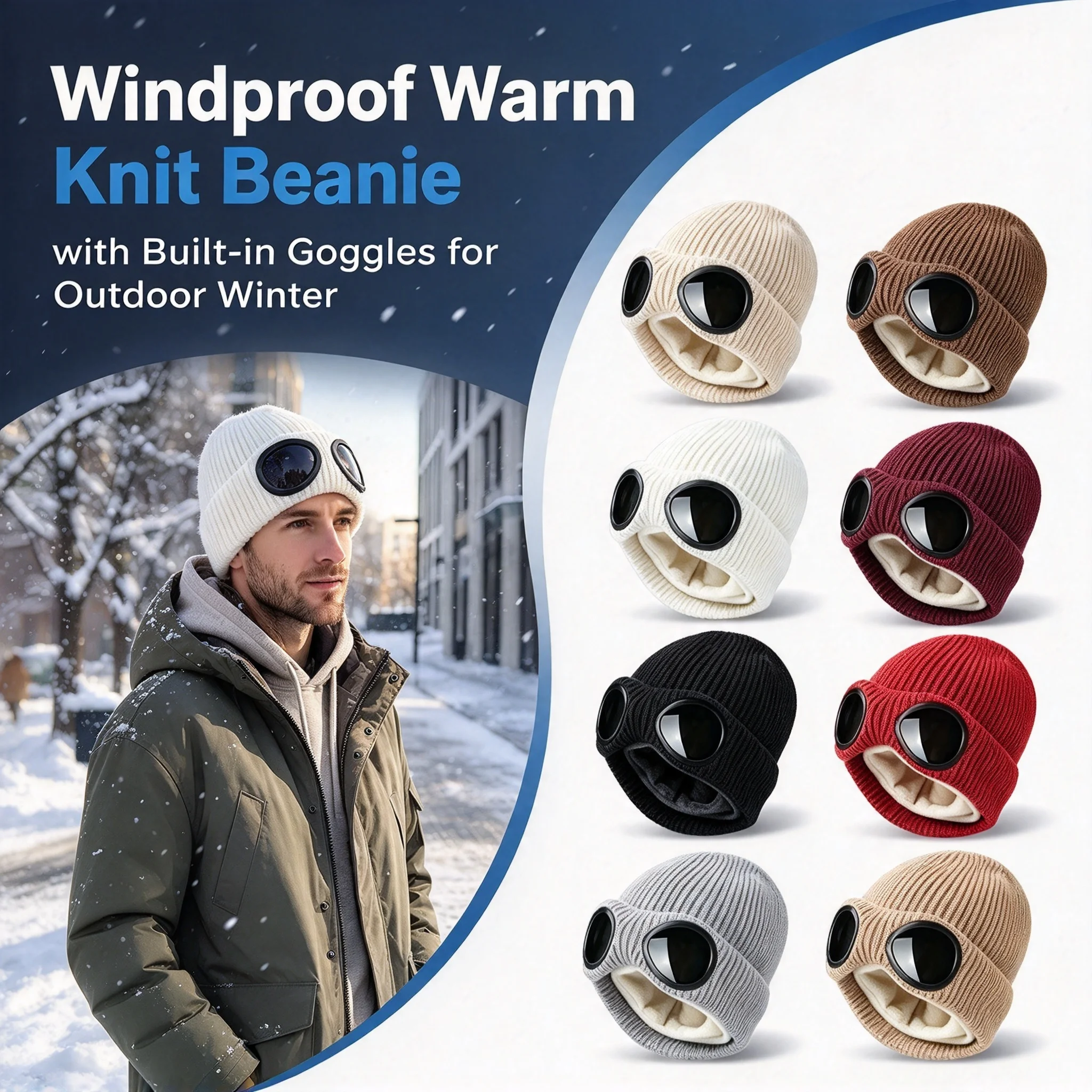 Outdoor Skiing Winter Beanie Hat Knitted Goggles Design Fleece Lined Ear Flap Windproof Warm Cap for Men Women Sports