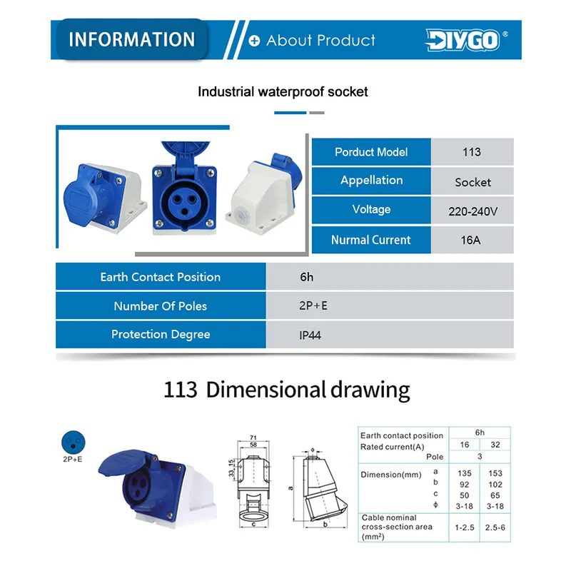 DIY GO 16A 3Pin 220-240V IP44 Waterproof Plug & Sockets Electric Cable Connector For Electrical Power Industrial Male and Female