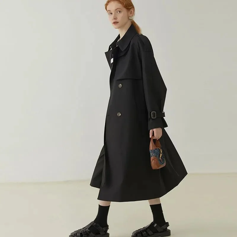 Trench lungo da donna Cappotti con bottoni con lacci Manica intera Colletto rovesciato Giacche con giunture Tasche solide Office Lady Streetwear