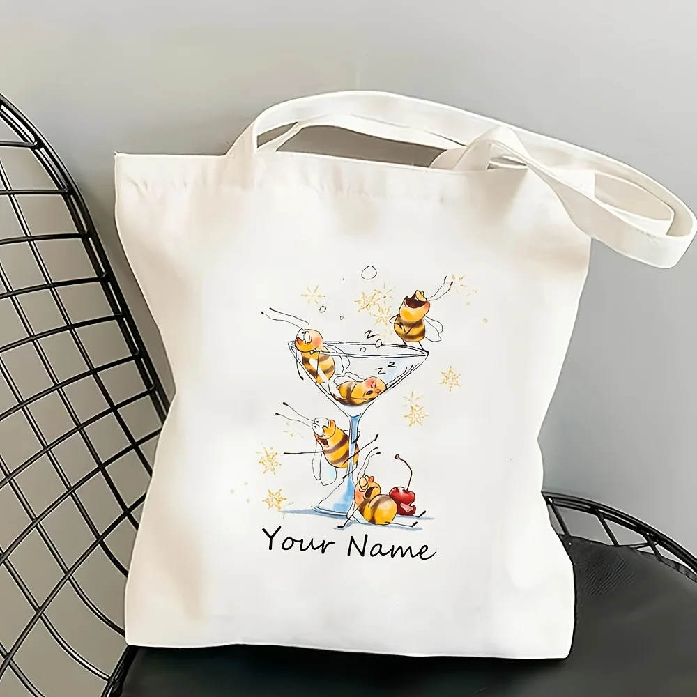 

Custom Name Vintage Cartoon Bee Pattern Tote Bag - Large Capacity Multi-Functional Shoulder Bag for Women